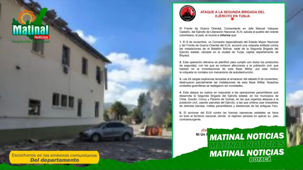 ELN se adjudica ataque con volqueta cargada con explosivos contra el Batallón Bolívar en Tunja