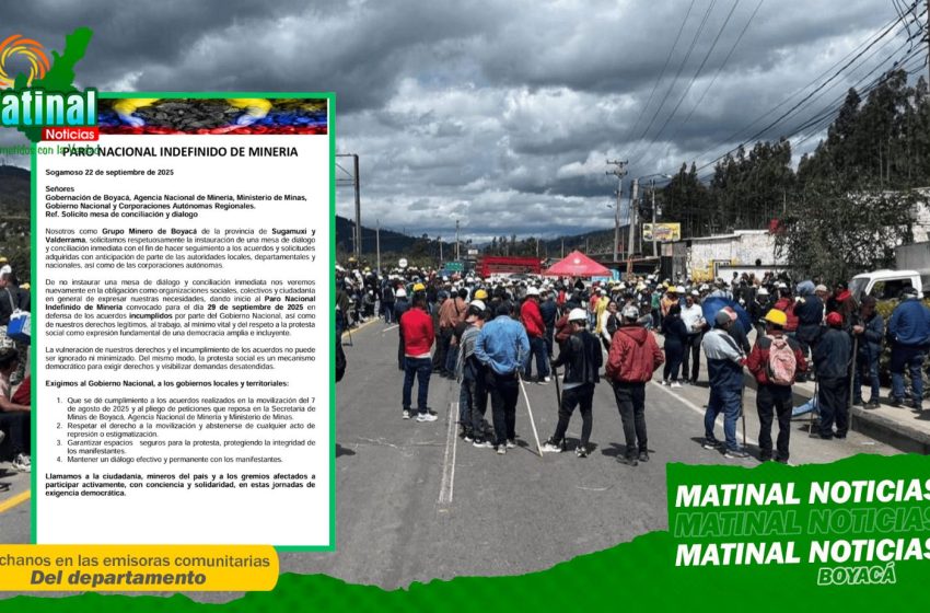 Paro Nacional Indefinido de Minería anunciado para el 29 de septiembre