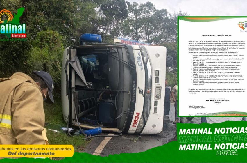  Volcamiento de bus en la vía Tunja – Moniquirá deja nueve personas heridas