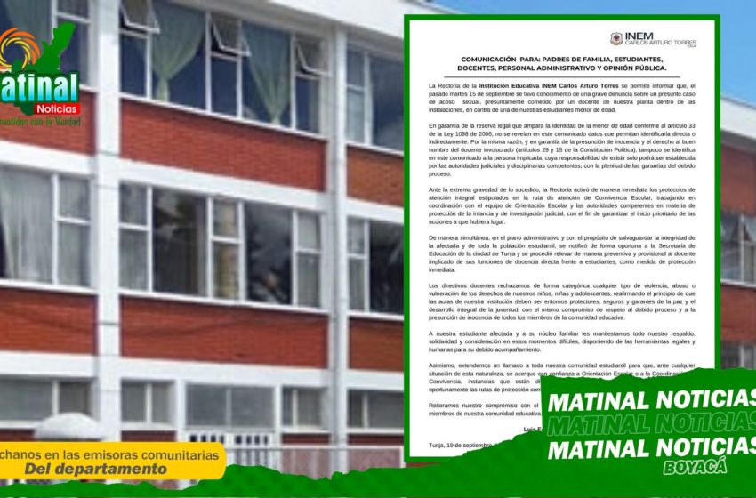  INEM Carlos Arturo Torres de Tunja, activa protocolos tras denuncia por presunto abuso sexual contra una estudiante